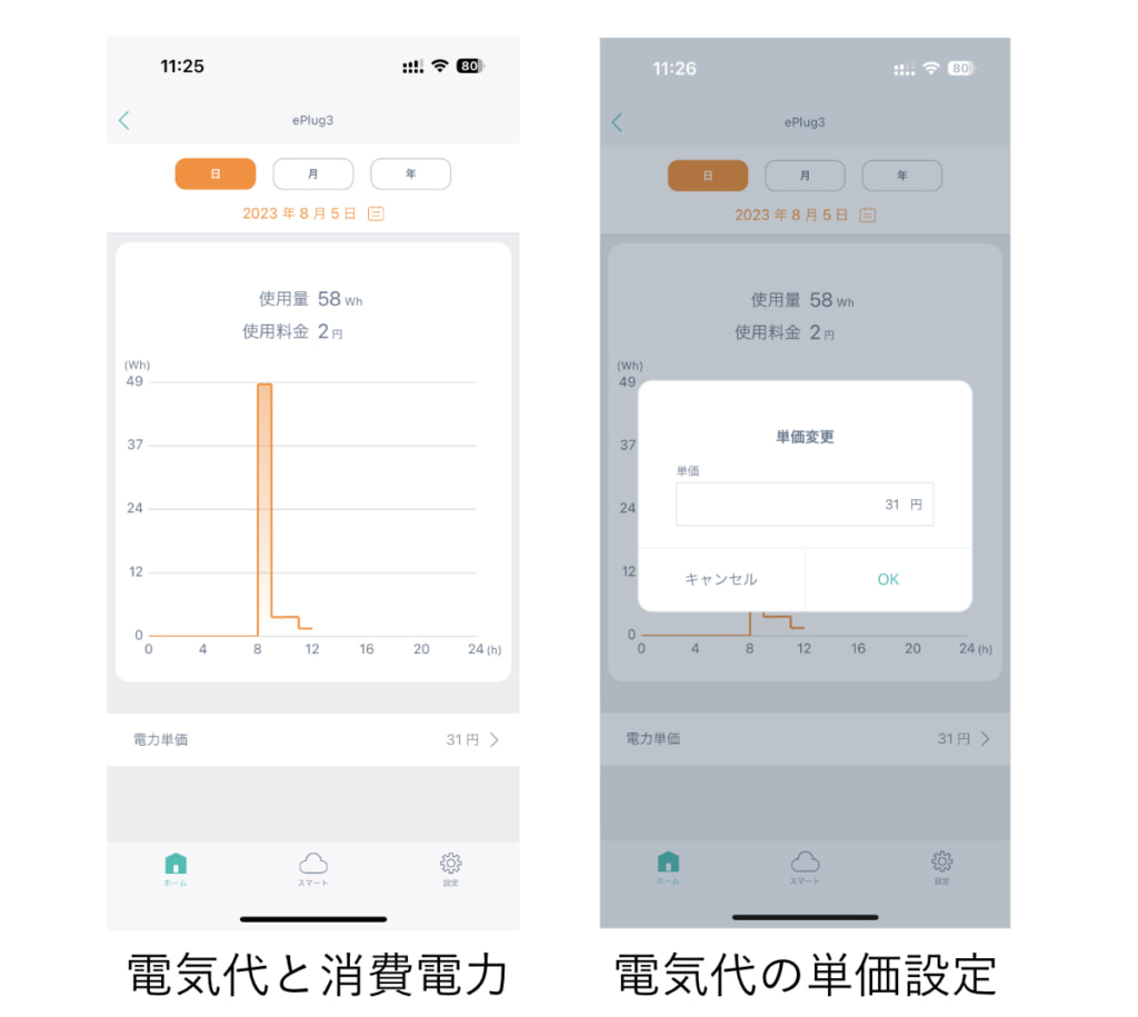 節電スマートプラグ ePlug3の消費電力・電気代確認画面